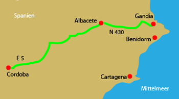 Routenskizze; von Córdoba nach Gandia.