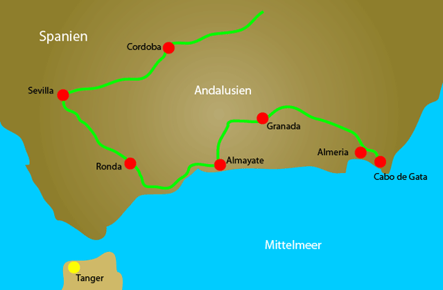 Unsere Route der Wohnmobil - Städtereise durch Andalusien.