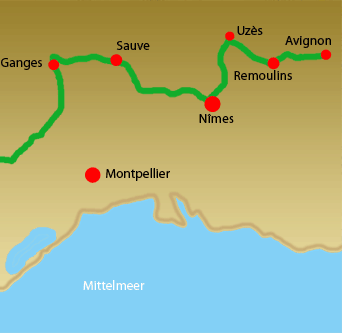 Routen- Skizze - Avignon nach Nimes.